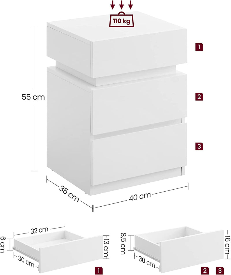 Noptieră - tabel lateral - cu iluminare cu LED - culori reglabile - cu 3 sertare - alb