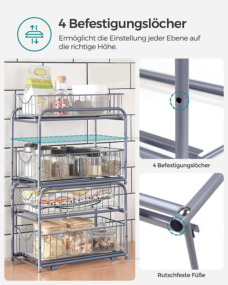 Keukenorganiser - 2 uittrekbare laden -  Stapelbare lade-organiser - Voor keuken, badkamer - Zilver