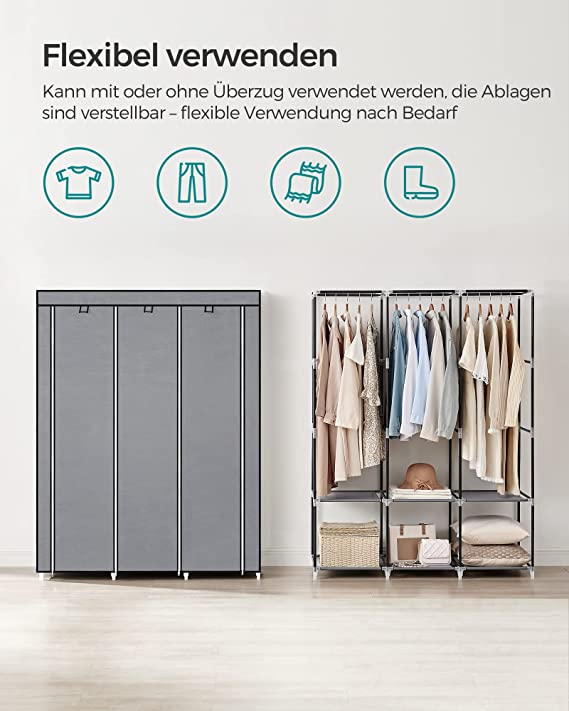 Armoire - étui en tissu - 2 sections suspendues - avec étagères - gris