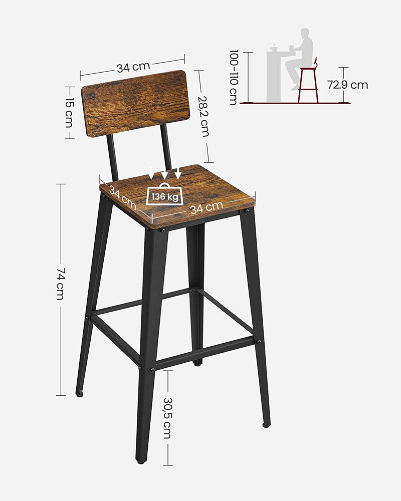 Scaun de bar - scaune de bar - scaune de bucătărie - set de 2 - cu spătar - cadru din oțel - negru maro