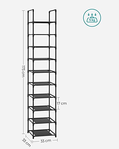 Shoe Rack - Lagring av skor - 10 nivåer - Öppet skoskåp - Metallram - Svart