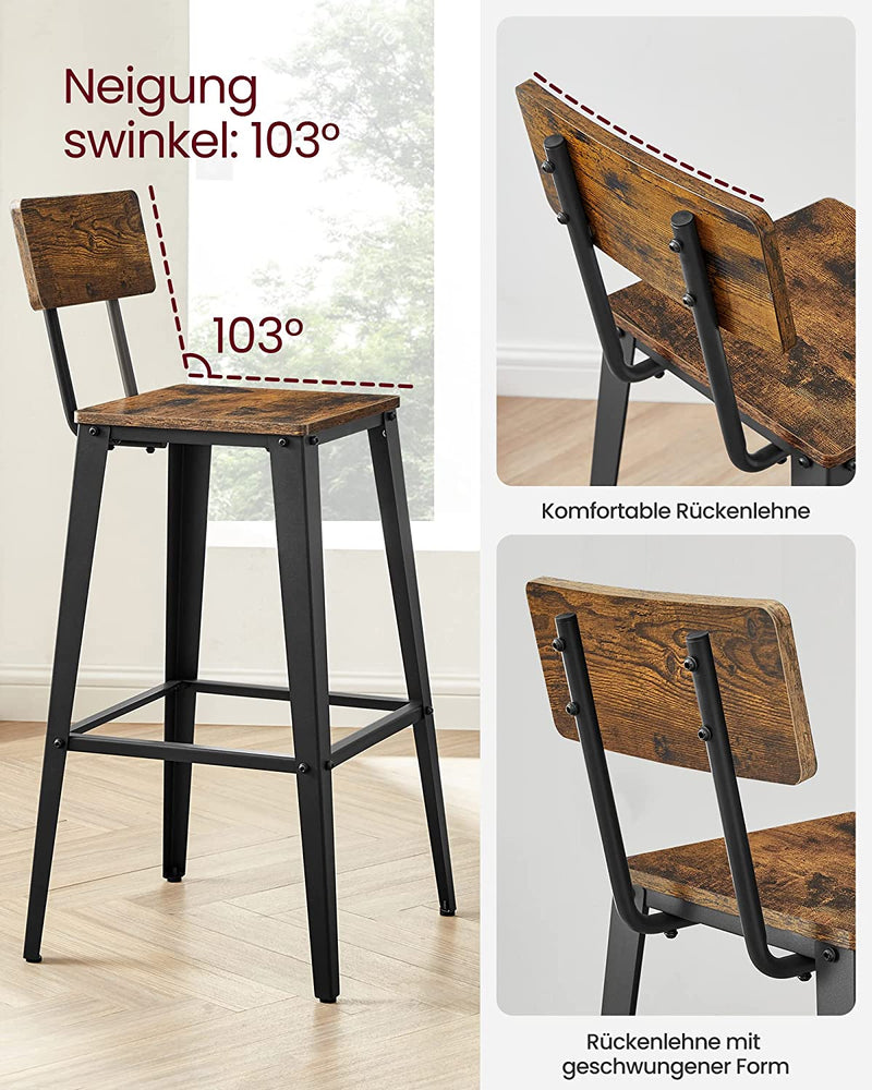 Barkruk - barstoelen - keukenstoelen - set van 2 - Met rugleuning - Stalen frame - Bruin zwart