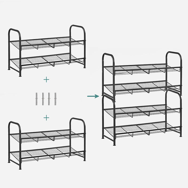 Rack à chaussures - avec 2 étagères - Stockage à chaussures empilable - pour un maximum de 8 paires de chaussures - en acier - noir