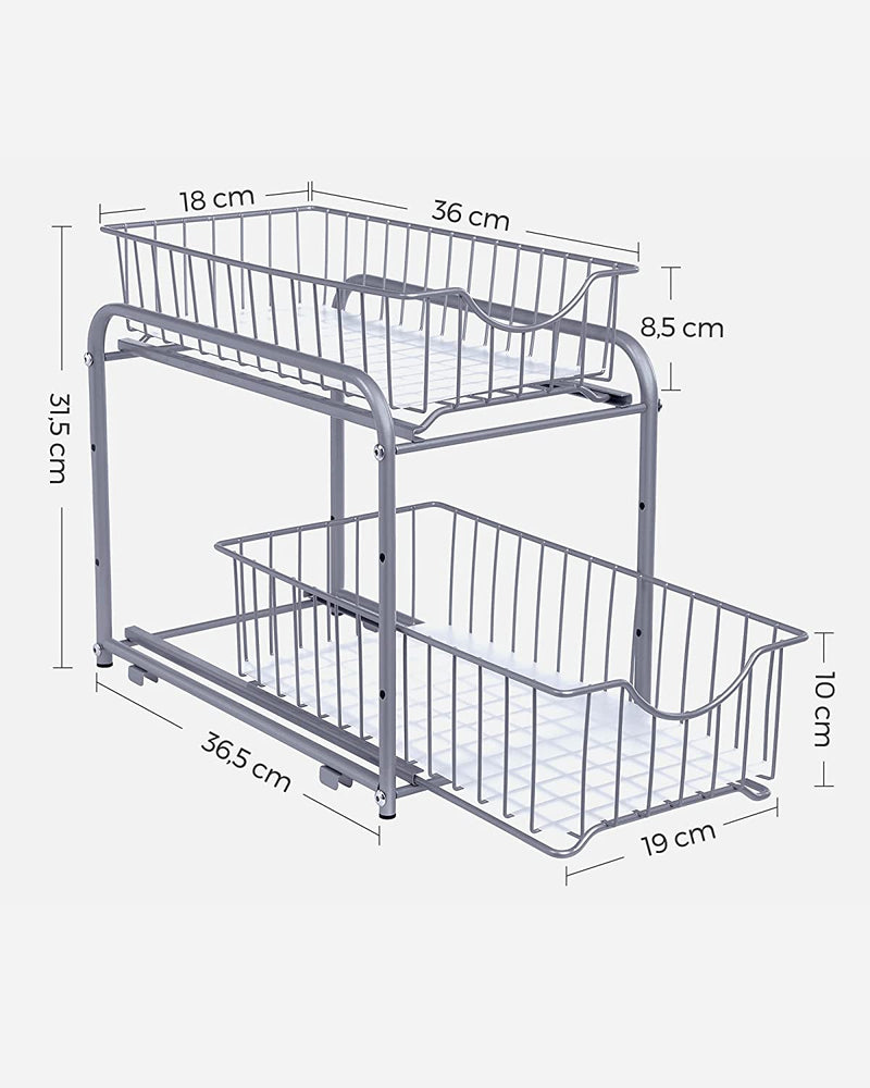 Keukenorganiser - 2 uittrekbare laden -  Stapelbare lade-organiser - Voor keuken, badkamer - Zilver