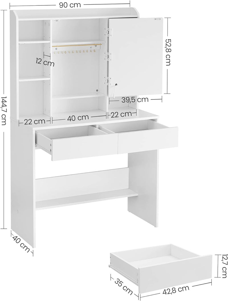 Påklædningsbord - Makeup -bord - med LED -belysning og spejl - 2 skuffer - Lavet af træ - Hvid