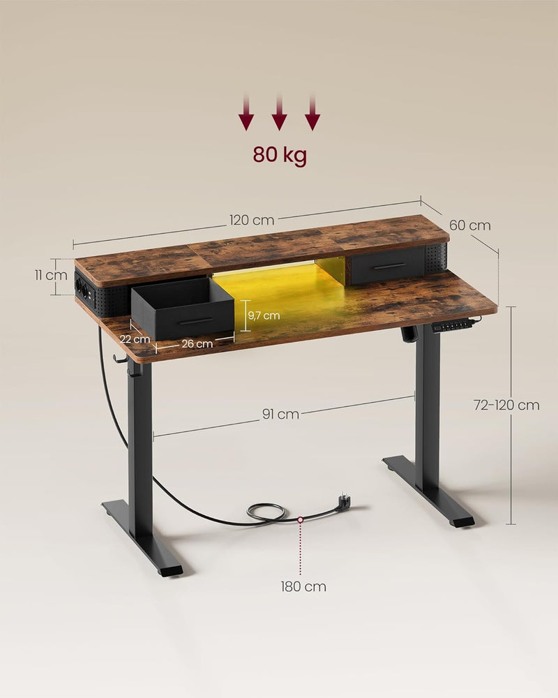 Desk - Electric Desk - Højdejusterbar - med stikkontakt og 2 skuffer - 60x120cm - Brun