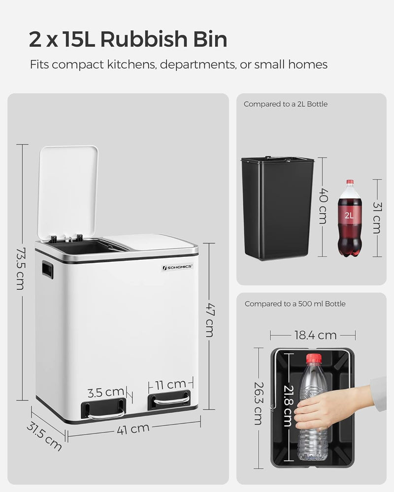 Afvalbak - Prullenbak - 30liter (2 x 15 L) - Metaal - Uitneembare bakken - Wit
