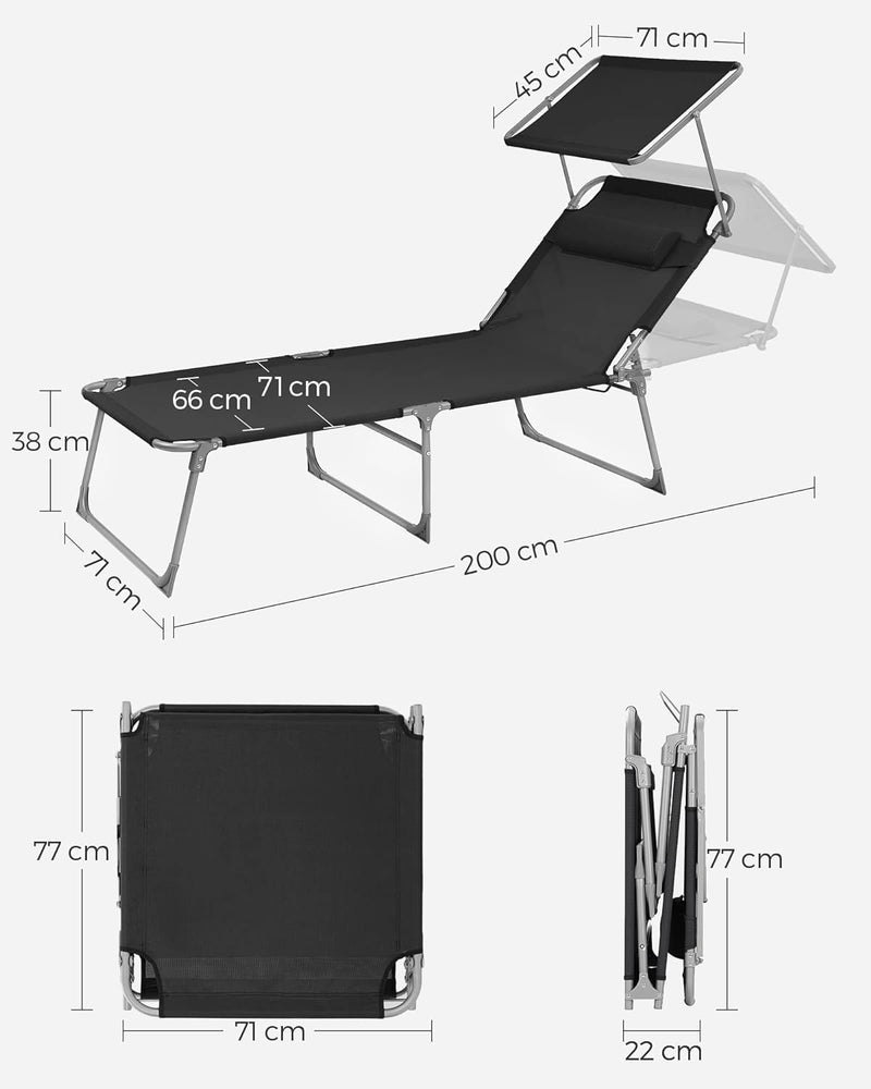 Lounger - strandbed - ekstra stor - med markise - 200 x 71 x 38 cm - sort