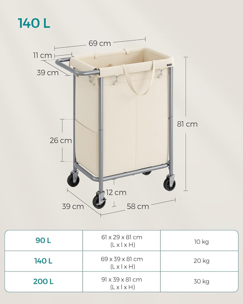 Wasmand - Met 2 vakken - 140 liter - Met handvat en wielen - Beige