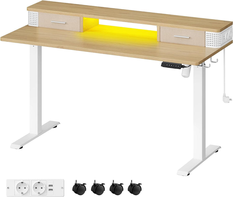 Bureau - Elektrisch bureau - In hoogte verstelbaar - Met stopcontact en 2 lades - 60x140cm - Licht Bruin