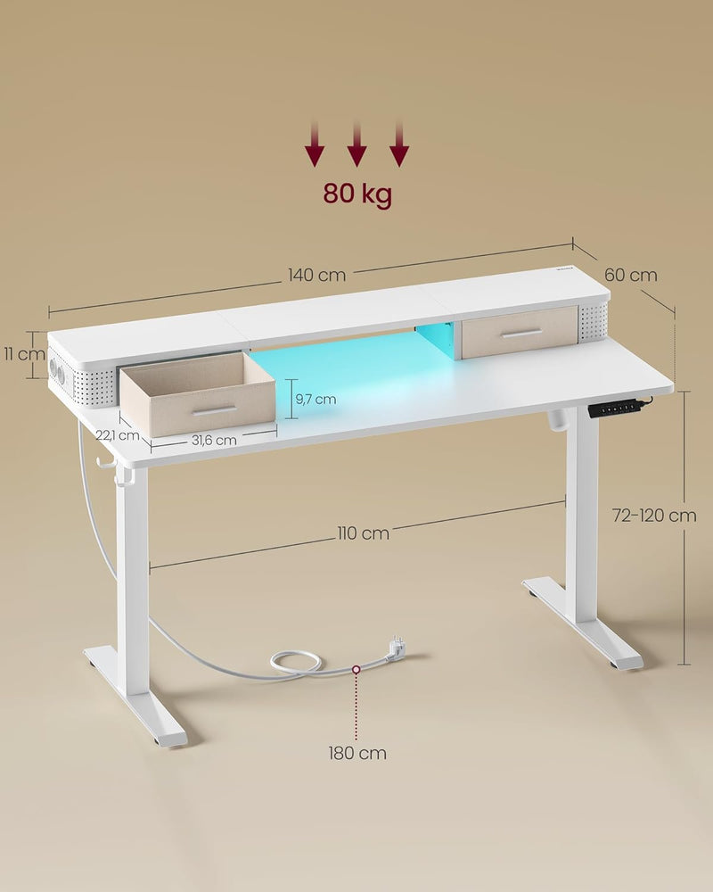 Desk - Elektrisk skrivebord - Højdejusterbar - med stikkontakt og 2 skuffer - 60x140 cm - Hvid