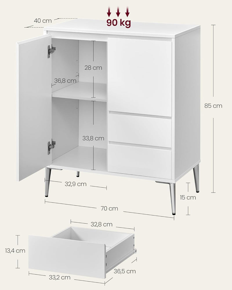 Förvaringsskåp - byrå - med 2 dörrar och 2 lådor - 40 x 70 x 85 cm - vitt