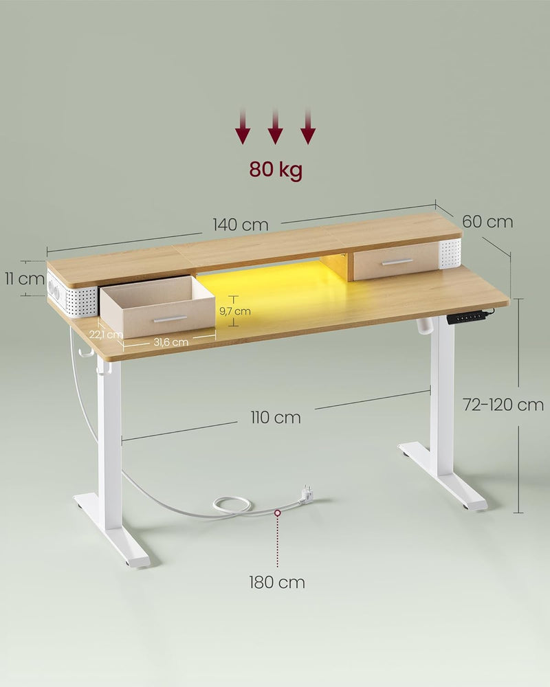 Desk - Elektrisk skrivebord - Højdejusterbar - med stikkontakt og 2 skuffer - 60x140 cm - lysebrun