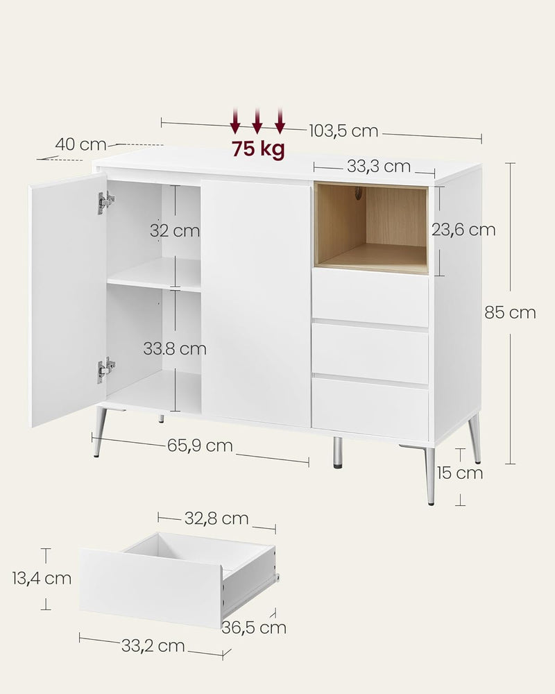 Förvaringsskåp - byrå - med dörrar och 3 lådor - modern - vit