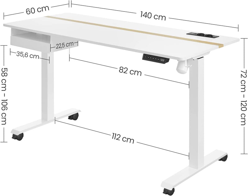 Birou electric - reglabil înălțime - funcție de memorie cu 4 înălțimi - alb - 60 x 140 cm