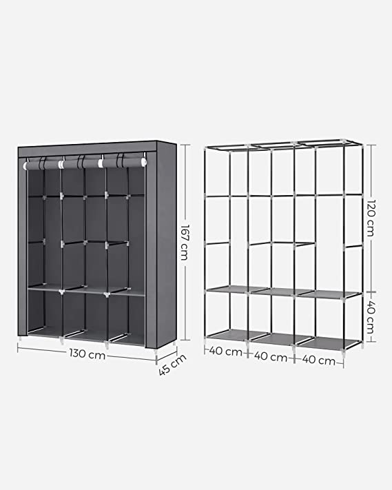 kledingkast - Stoffen kast - 2 hangvakken - met planken - Grijs