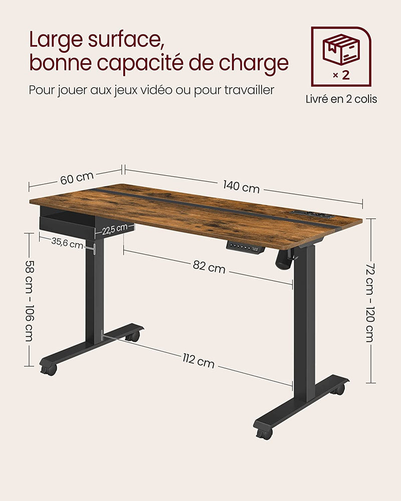 Elektriskt skrivbord - Höjdjusterbar - Minnesfunktion med 4 höjder - Brown - 60 x 140 cm