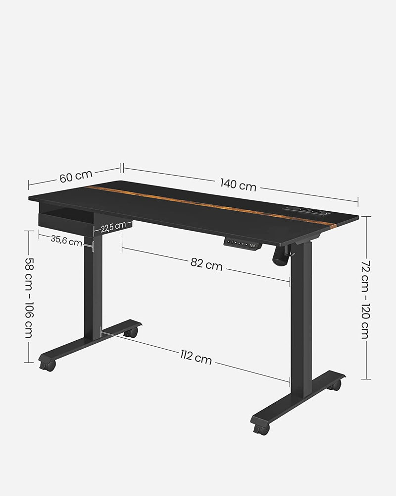 Elektrisk skrivbord - Höjdjusterbar - Minnesfunktion med 4 höjder - med uttag - svart - 60 x 140 cm