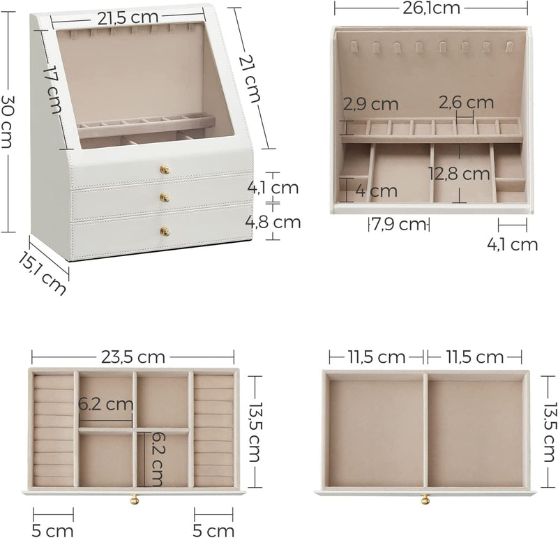 juwelenkistje - Met 3 niveaus - Schuin glasvenster - 2 lades - Opbergdoos voor juwelen - Modern - Wit