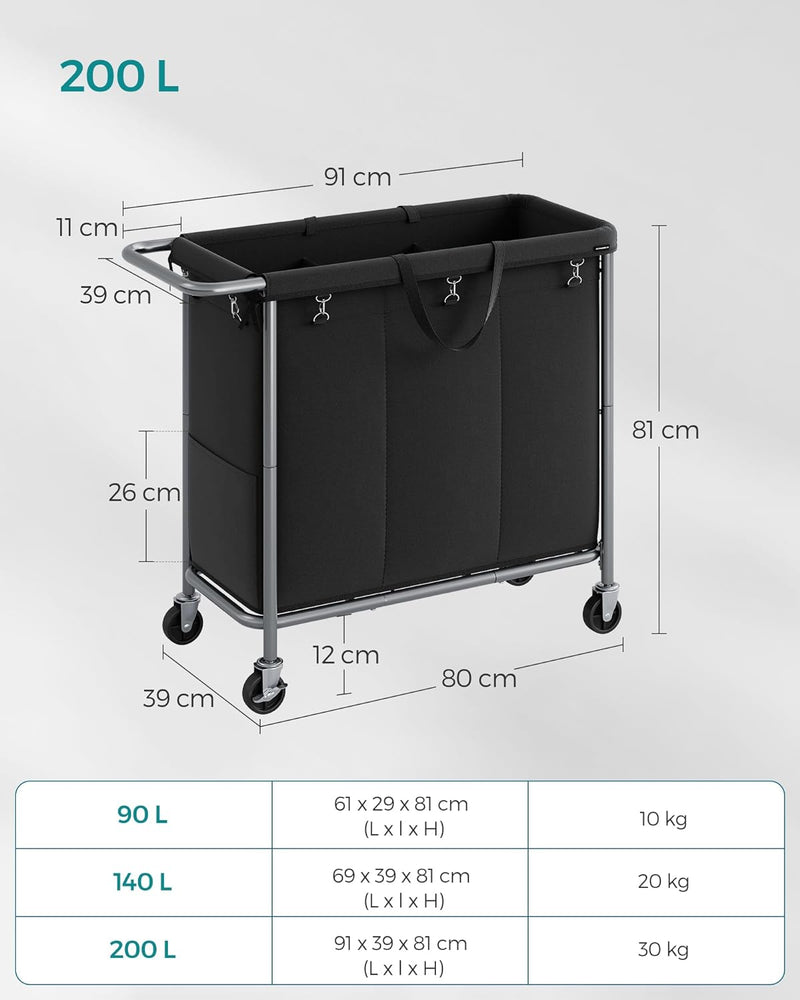 Vaskeri kurv - var sortering - på hjul - 3 kurser - 200L - stålramme - sort