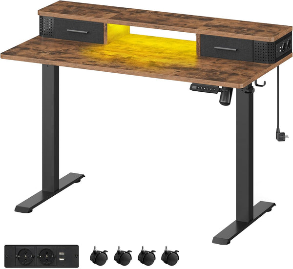 Desk - Electric Desk - Højdejusterbar - med stikkontakt og 2 skuffer - 60x120cm - Brun