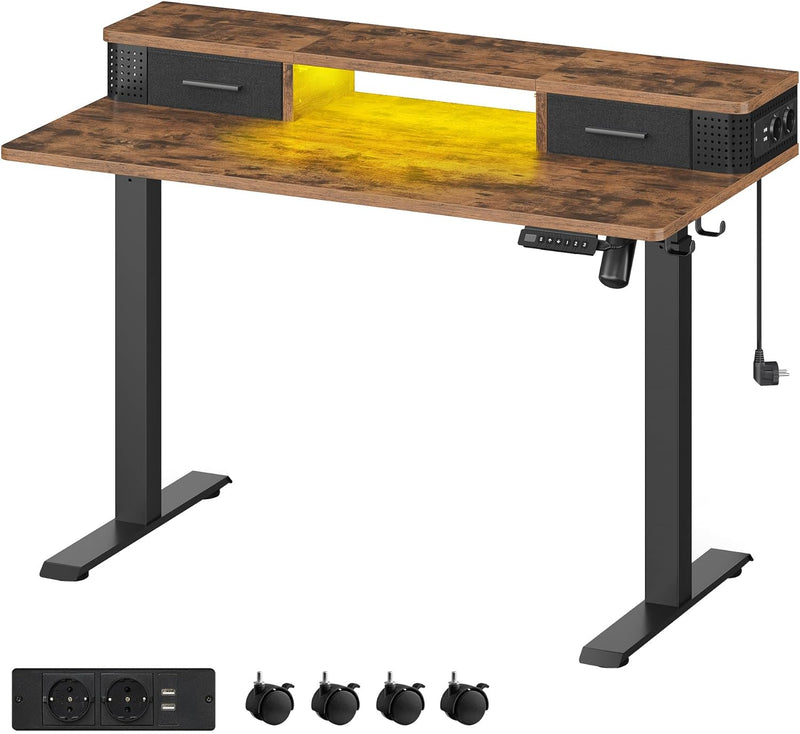 Bureau - Elektrisch bureau - In hoogte verstelbaar - Met stopcontact en 2 lades - 60x120cm - Bruin