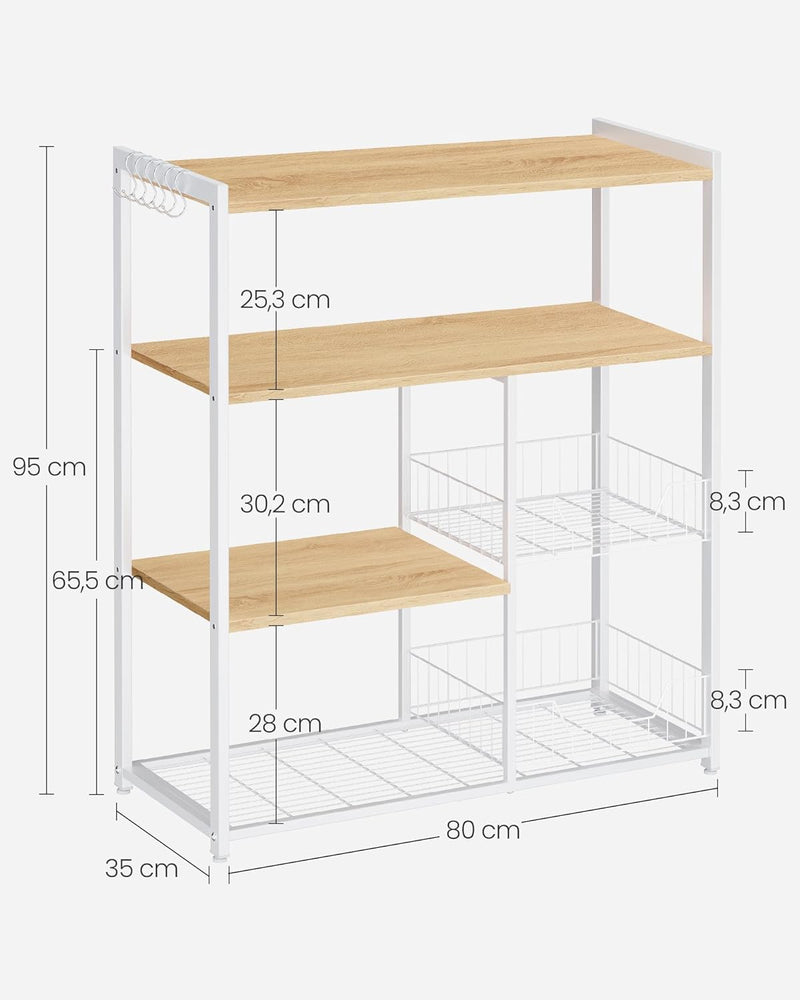 Kitchen Rack - Kitchen Cupboard - Opbevaringsskaber - 4 niveauer - Metalramme - Træplader - Hvid