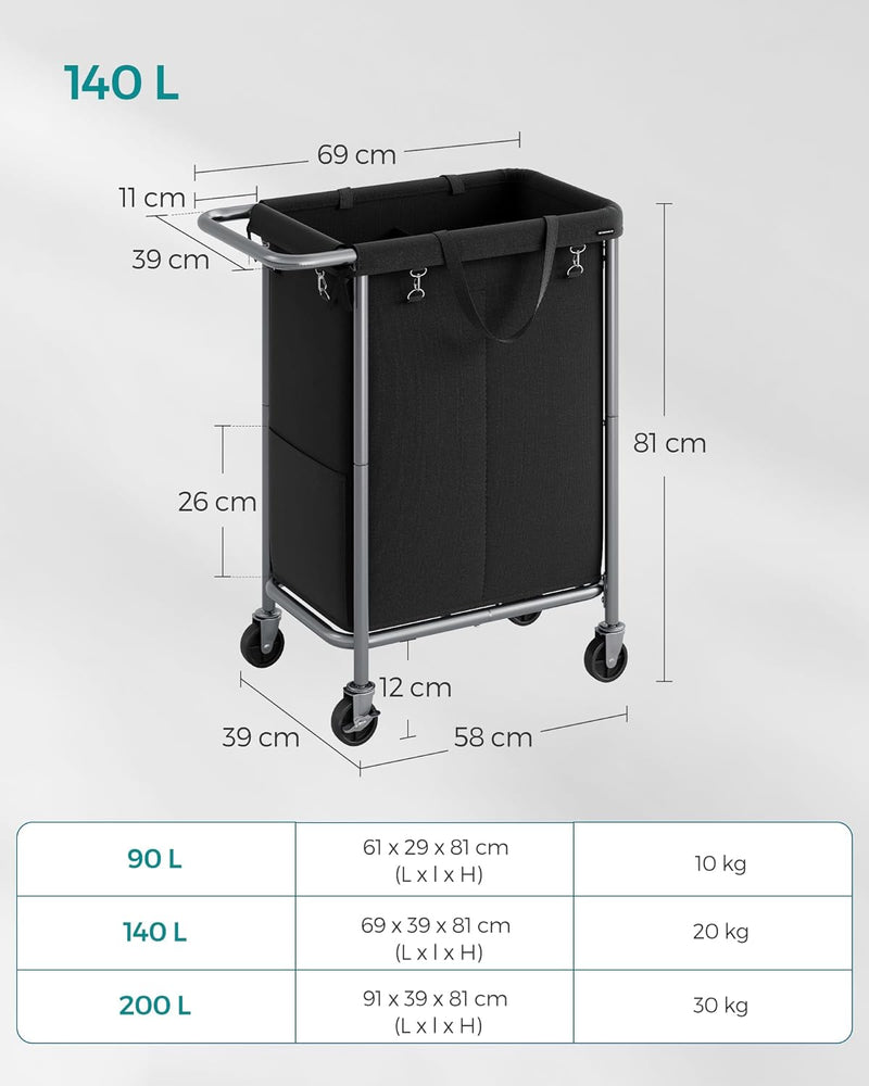 Tvättkorg - med 2 fack - 140 liter - med handtag och hjul - svart