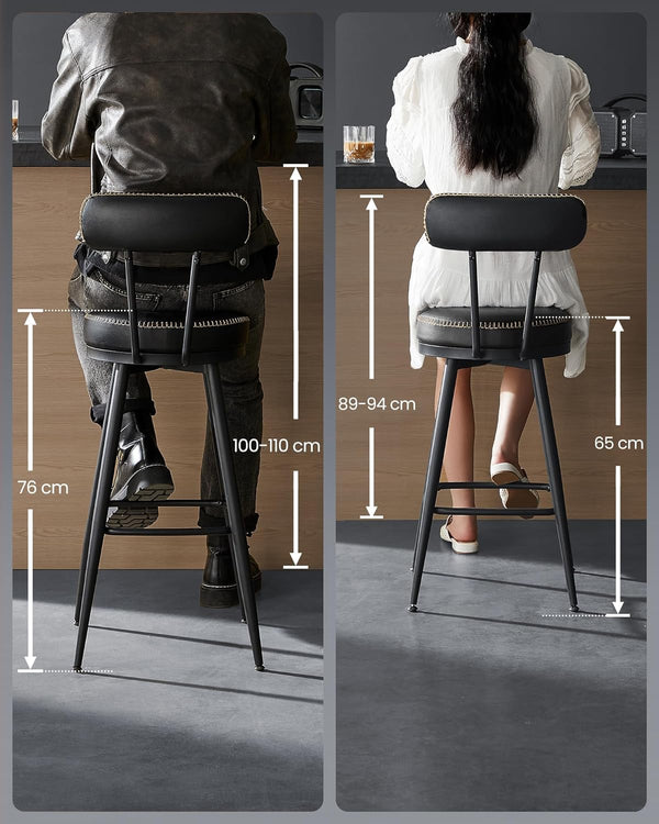 Barkrukken - Barstoelen - Set van 2 - Metalen frame - Met rugleuning - Zwart
