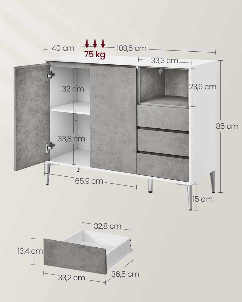 Opbergkast - Dressoir - Met openslaande deuren en 3 lades - Modern - Grijs