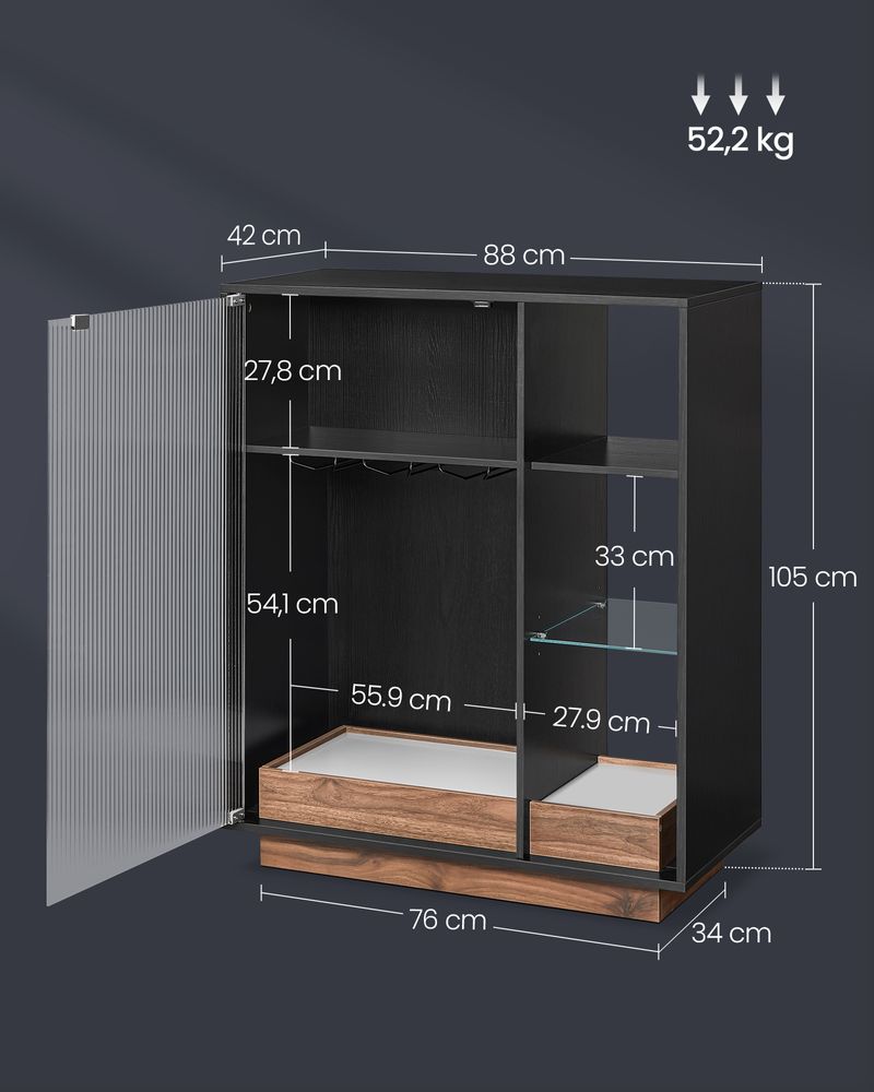 Wijnkast - Drankkast - Met Verlichting en Gecanneleerde Glazen Deur - Hout - Zwart