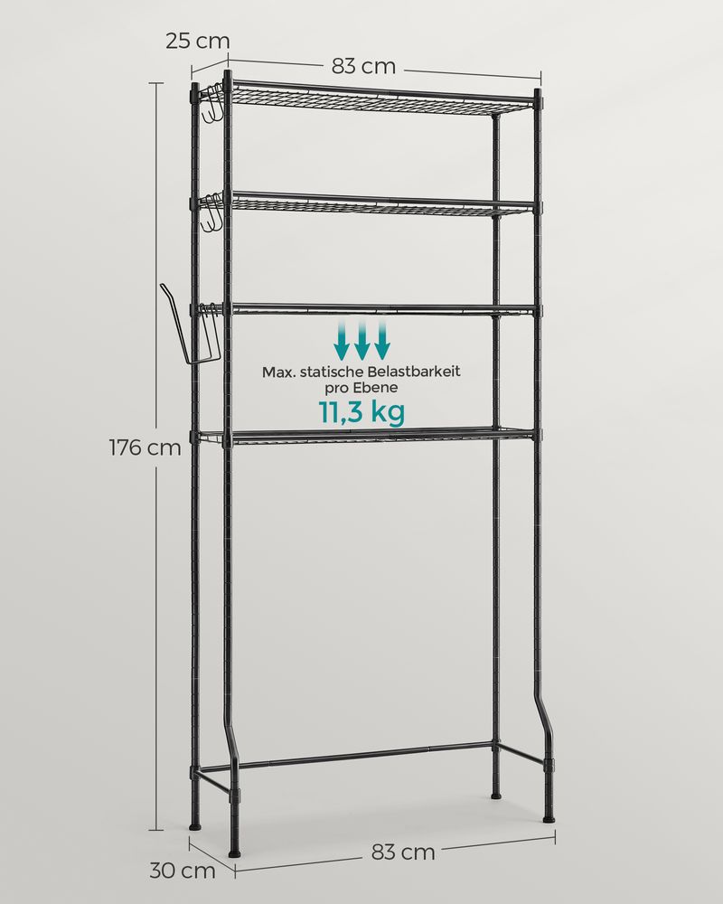 Toiletrek - Met verstelbare plateaus - 4 Planken - Metalen frame - Zwart