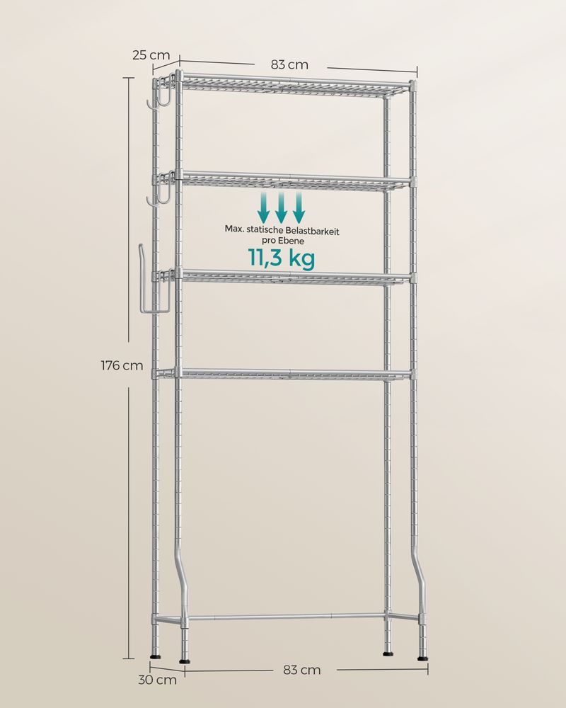 Toiletrek - Met verstelbare plateaus - 4 Planken - Metalen frame - Zilver