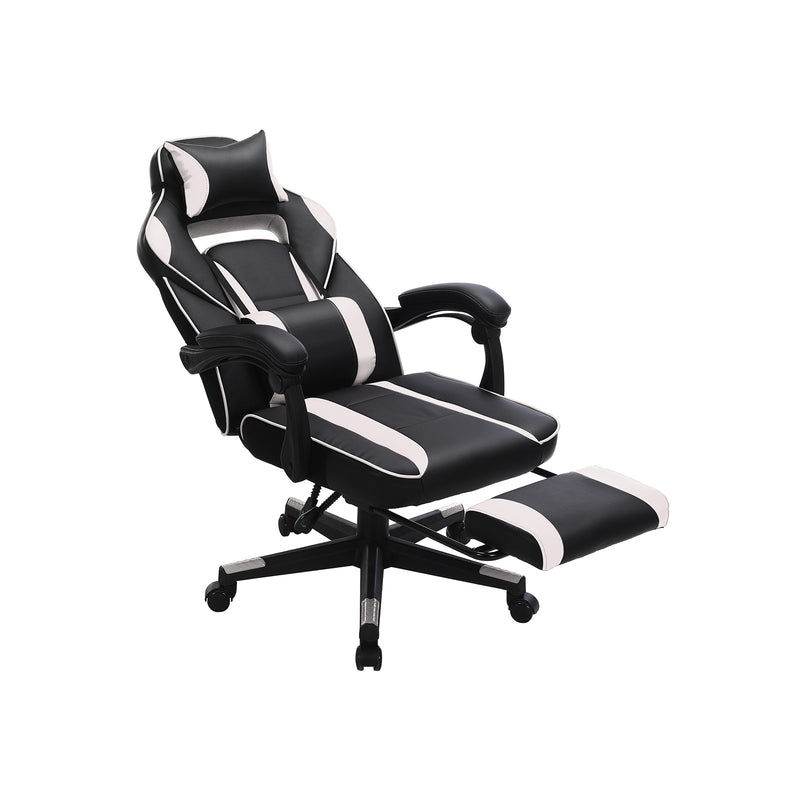 Chaise de jeu - Chaise de bureau - Cuir artificiel - avec repose-pieds et coussin arrière - Blanc noir