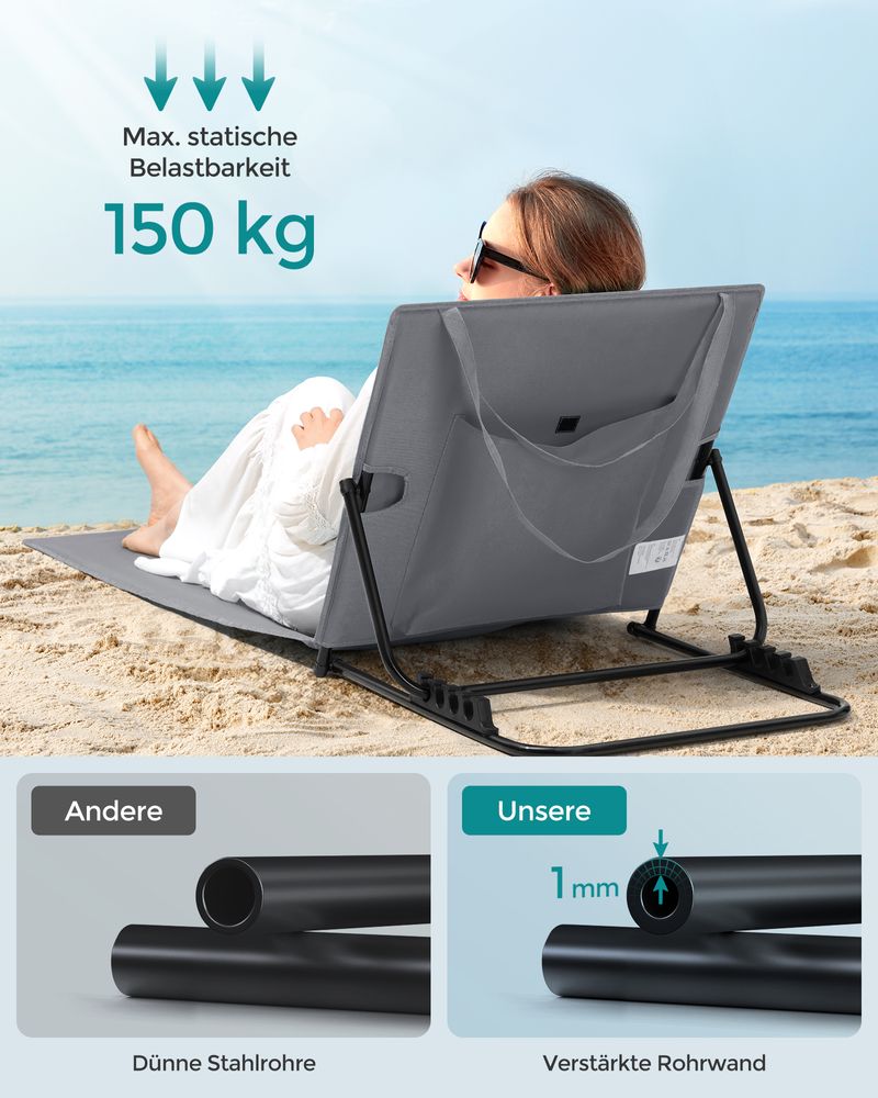 Strandstol - Lounger - til stranden - Forskellige positioner - Grå