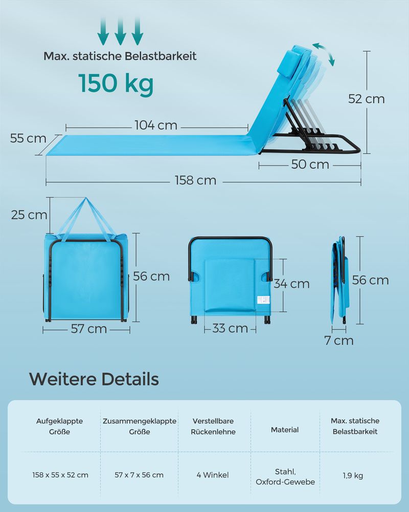 Strandstol - Lounger - för stranden - olika positioner - blå