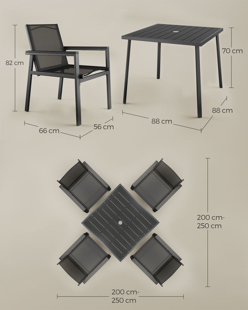 Puutarhakaluste - 4 tuolia - pöytä - teräsrunko - musta