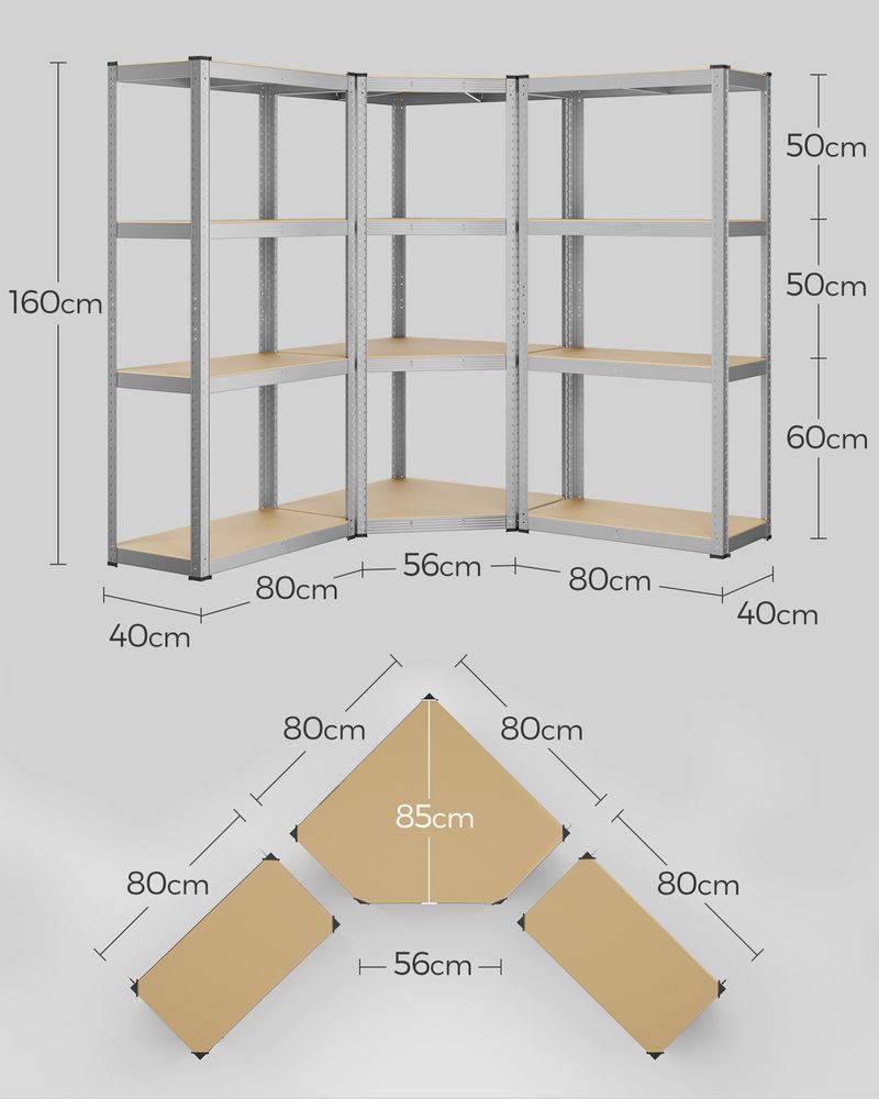 Stellingkast - Hoekplankenset - 4 lagen - Metalen Frame - Zilver