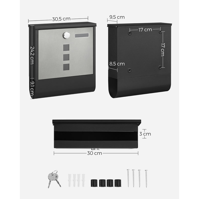 Wandbrievenbus - Brievenbus - Met krantenbak en naamplaatje - Met slot - Zilver Zwart