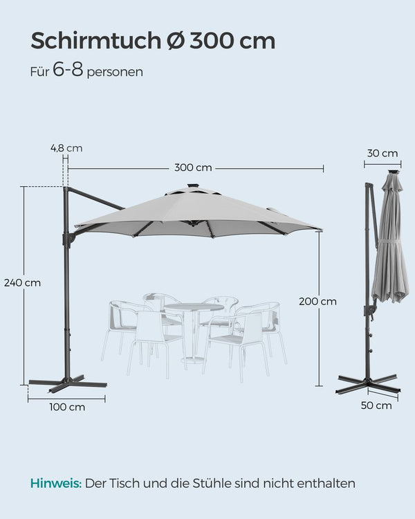 Parasol - Zweefparasol - Met zwengel -  Met Verlichting - Grijs