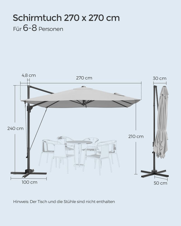 Parasol - med krumtap - firkant - med tværfod - grå