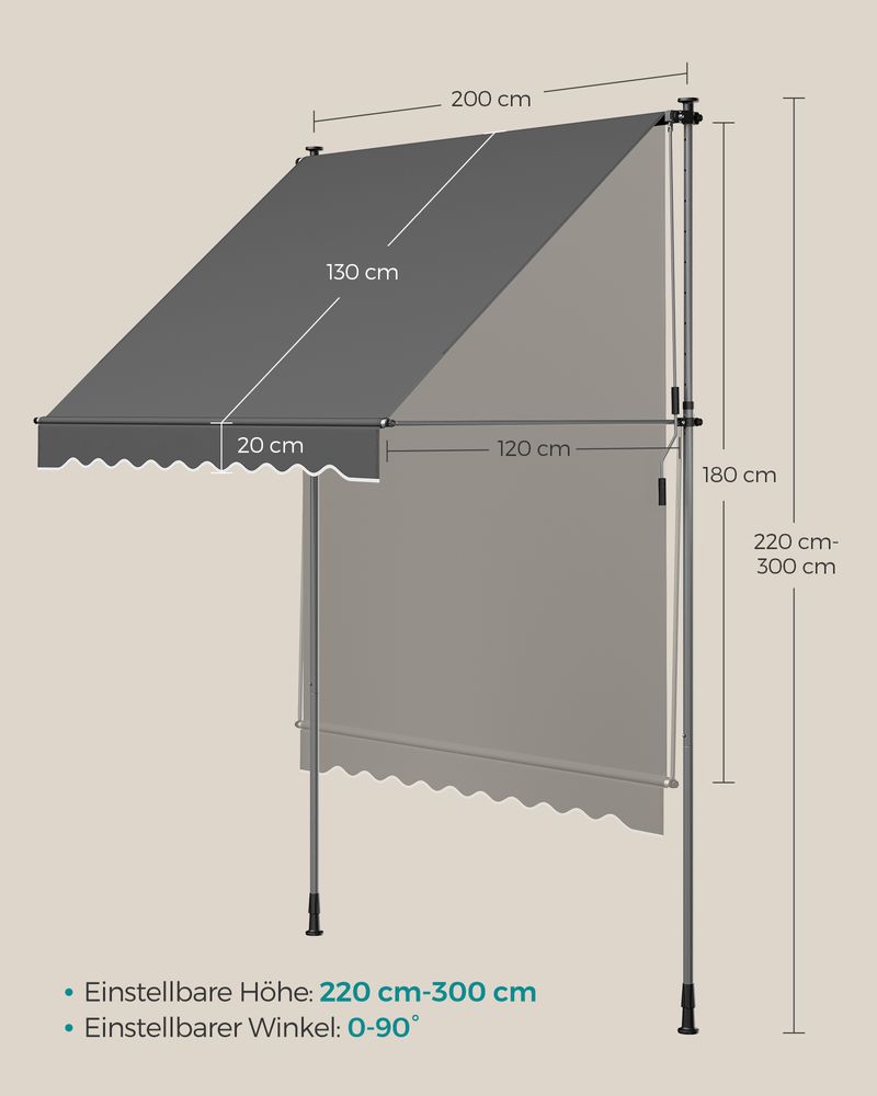 Zonnescherm - Klemluifel - Voor zonnewering - 200 x 120 cm - Met handslinger - Grijs