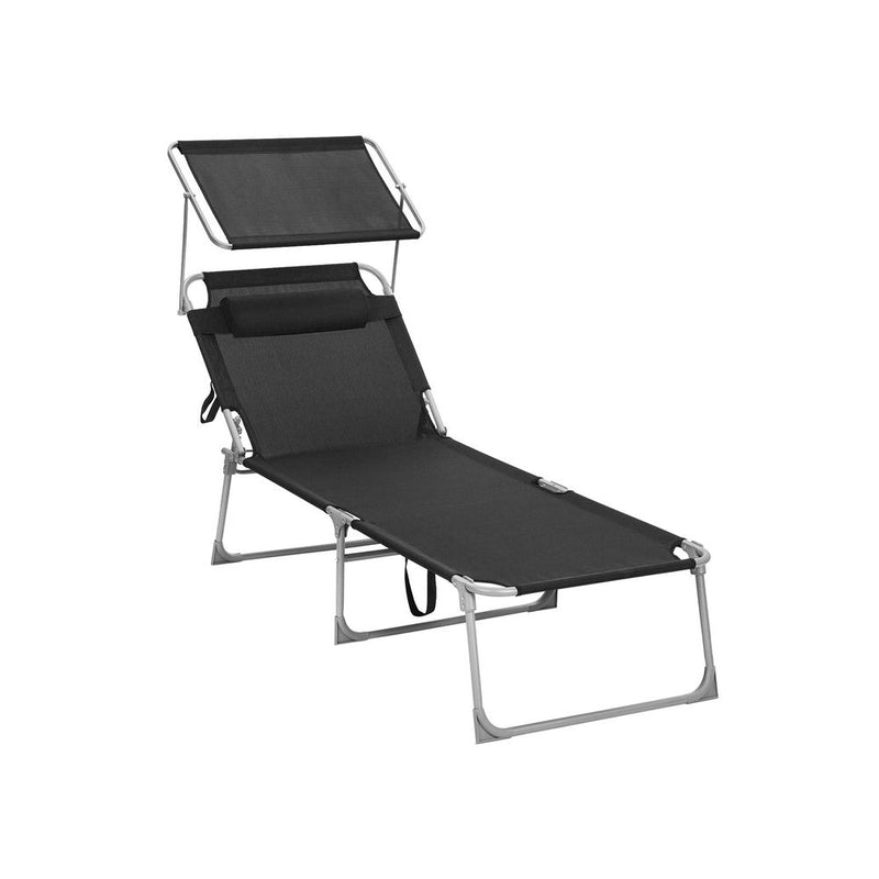 Lounger - strandsäng - extra stor - med markis - 200 x 71 x 38 cm - svart