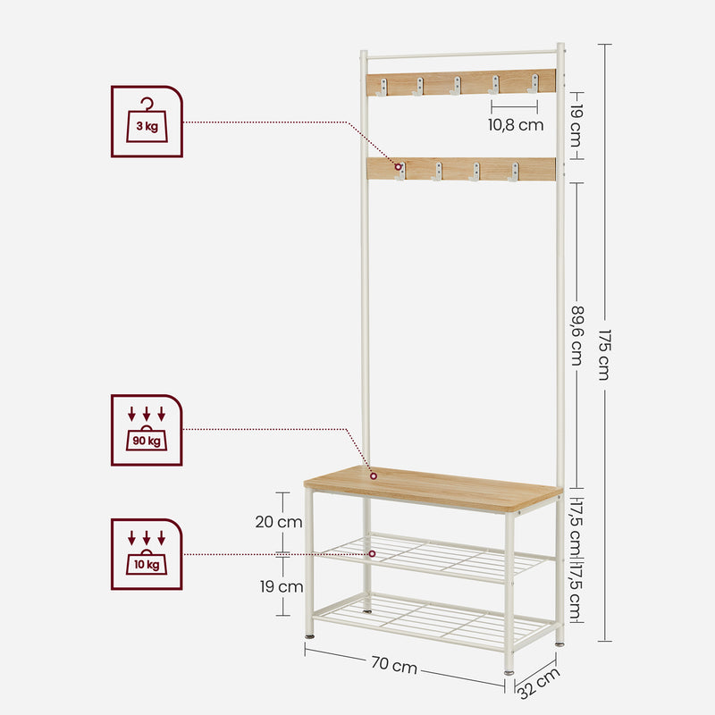 Garderobskåp - kappställ - med bänk - sko rack - 9 hoken - vit brun