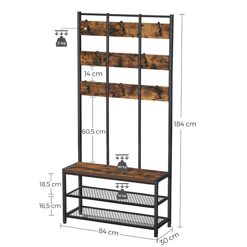 Garderobeskab - frakkeholder - med bænk - sko rack - sort brun