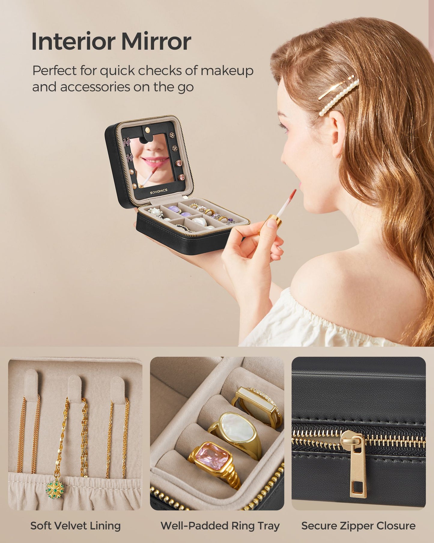 Travel Jewellery Box – PU Leather – Compact Size – Interior Mirror