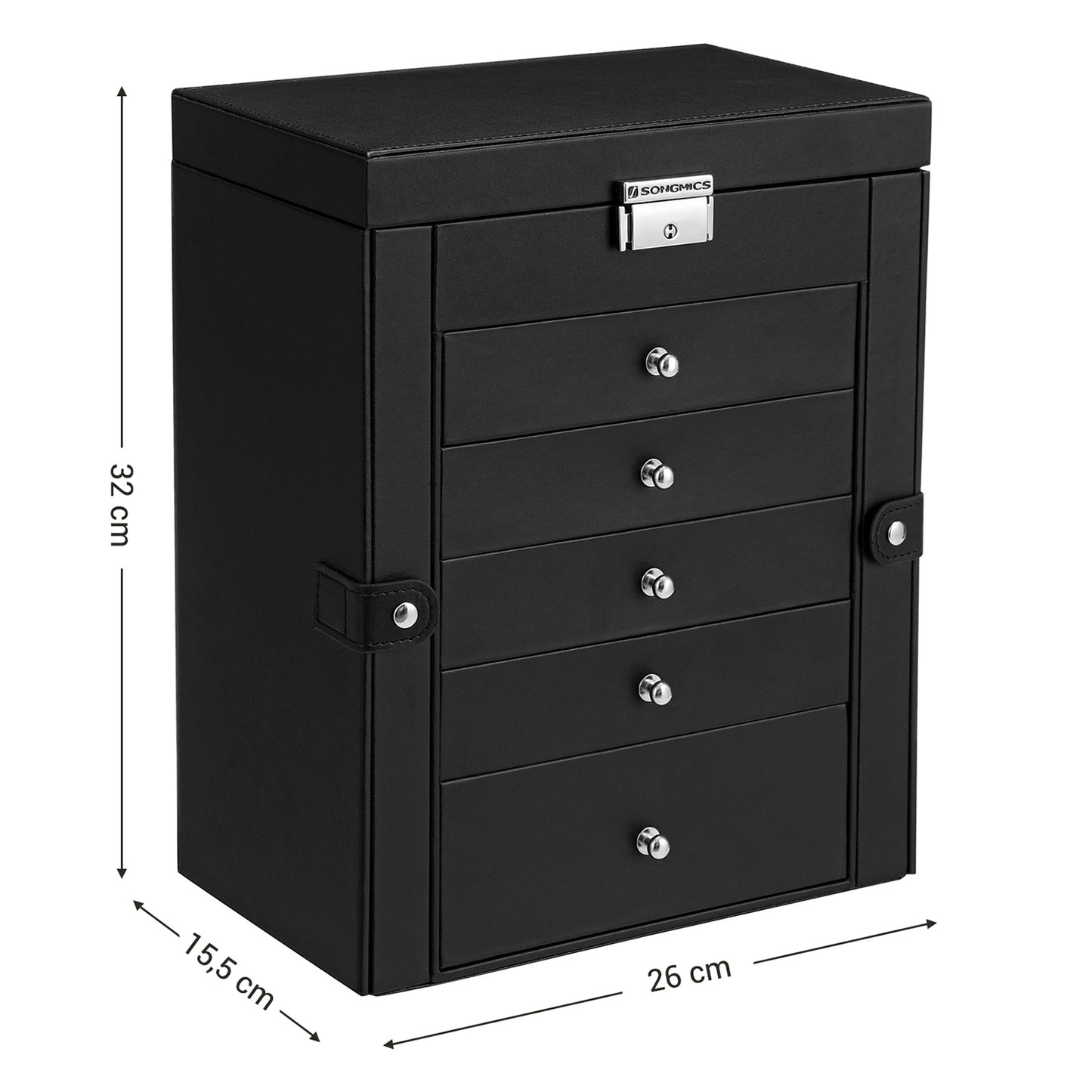 Large Jewellery Box – MDF – White – 6-Tier with Side Wings, Drawers, Mirror, and Clasp