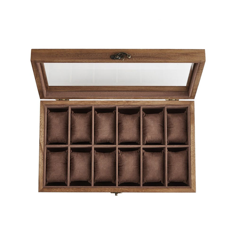 Watchbox - Watch Box - 12 Fack - Glass Lid - Wood - Brown