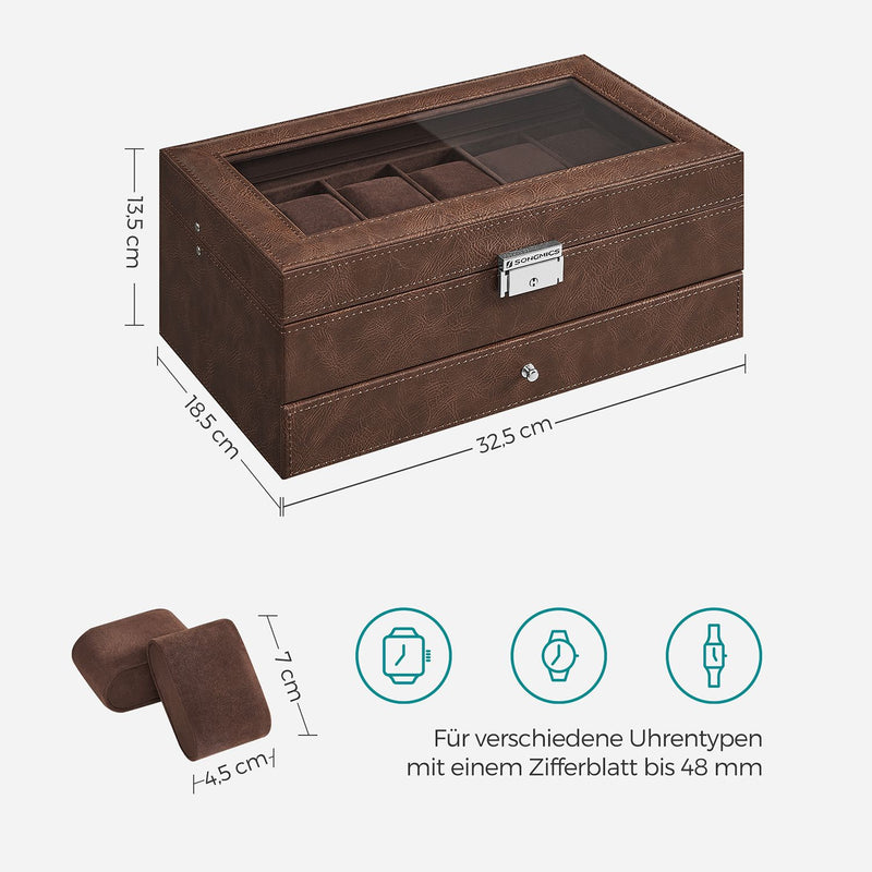 Watchbox - Watch Box - With Drawer - Glass Lid - Brown