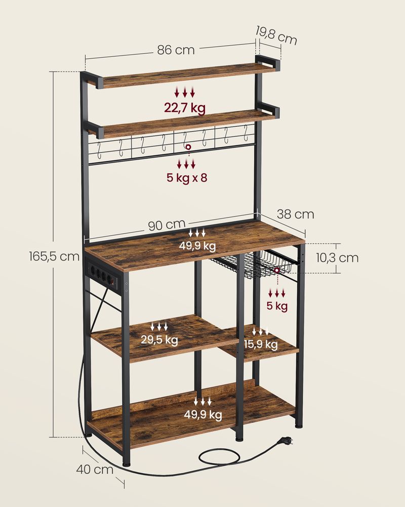 Kitchen Rack - Standing Rack - With Socket - Flere hylder - Metalramme - Brun